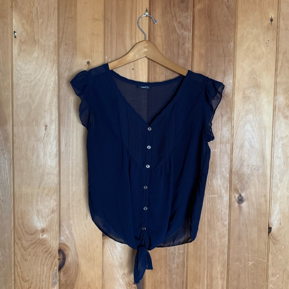 Beautiful navy blue sheer blouse with gold buttons